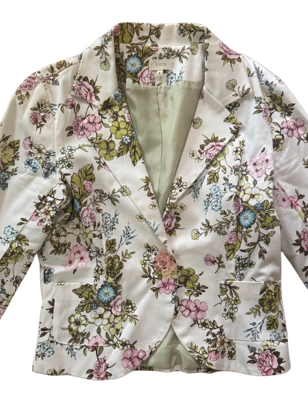 Ruth Floral Single-Button Tailored Blazer in White with Pink & Green